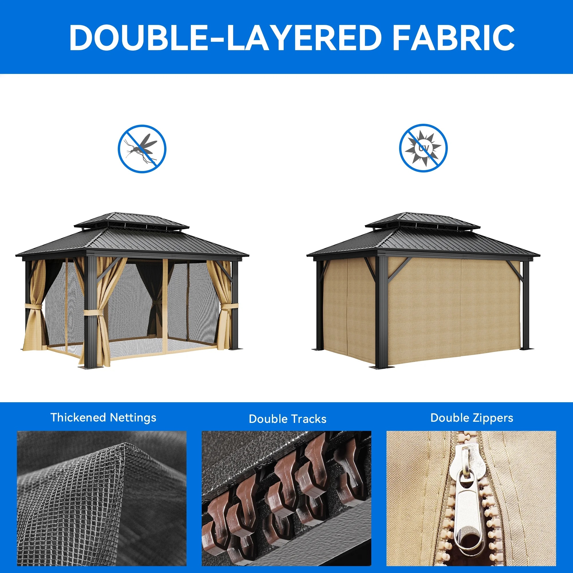 Dextrus 10x12ft Double Roof Hardtop Gazebo with Netting&Curtains, Double Galvanized Iron Aluminum Frame Outdoor White Gazebo,Ideal for Patio, Backyard,Deck and Lawns,Grey Curtain - Image 19
