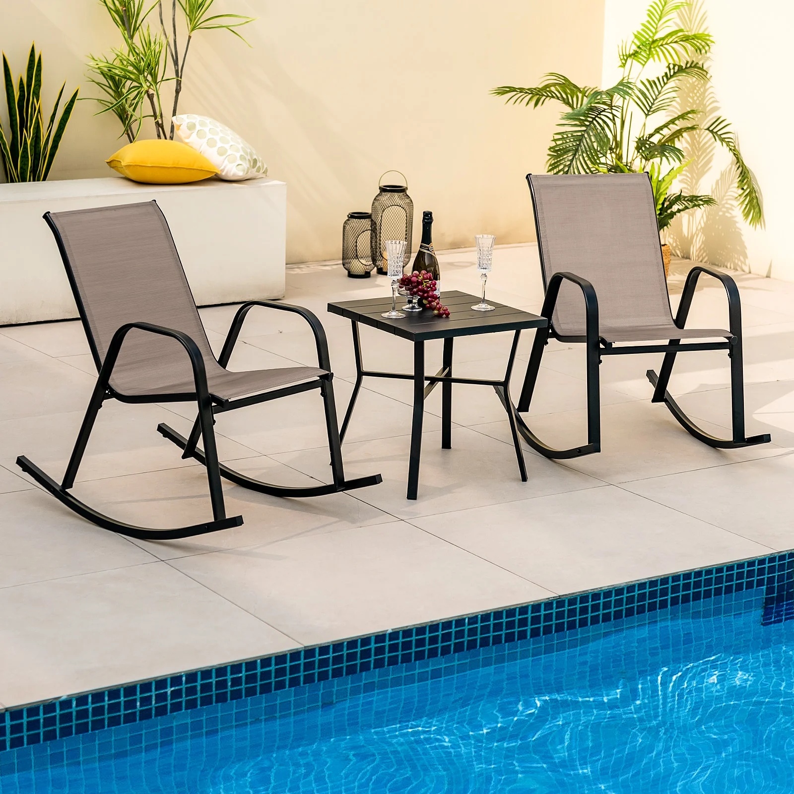Costway 2 PCS Patio Rocking Chair Heavy-Duty Metal Rocker Outdoor Anti-Slip Brown - Image 2