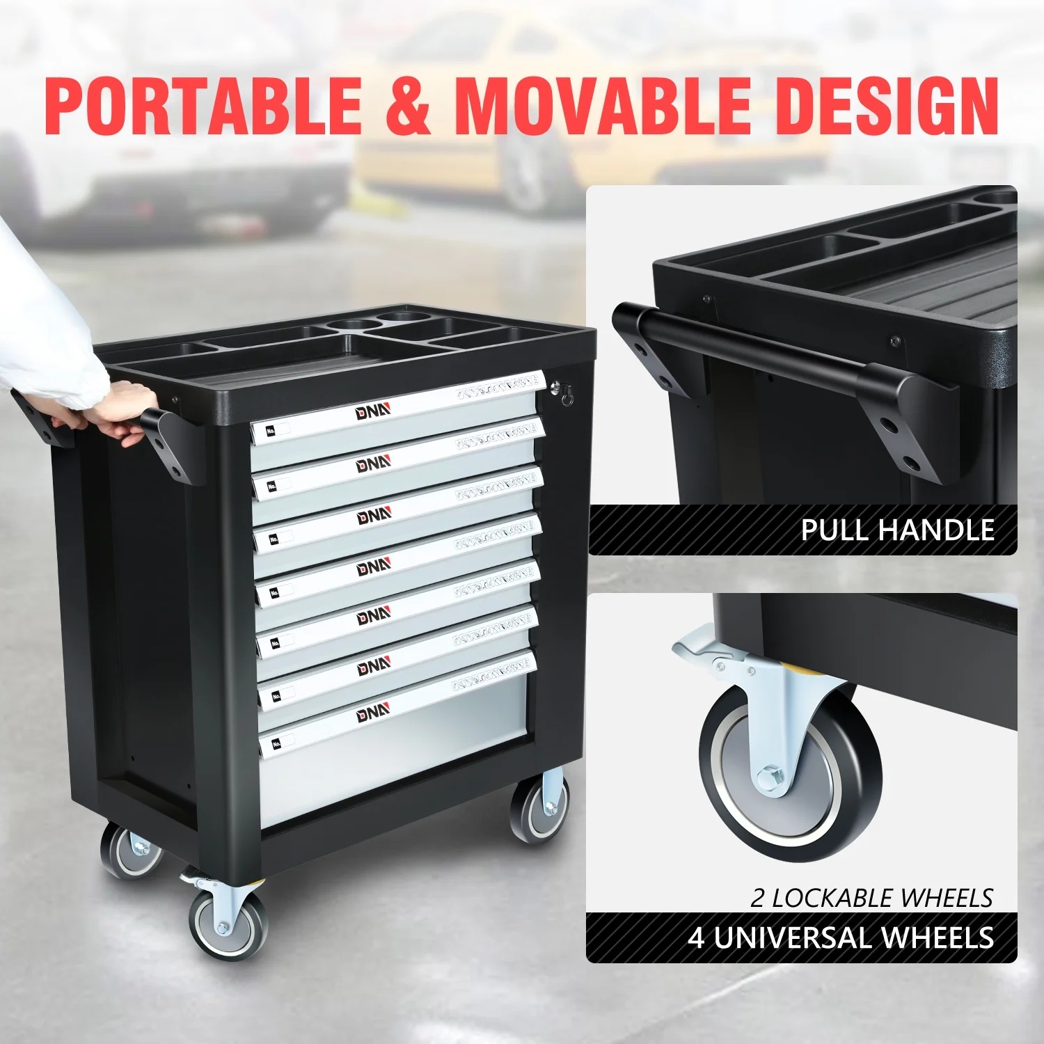 7-Drawers Rolling Tool Chest Cabinet with Casters, Locking System, Top Worktop, for Garage Warehouse Workshop, Grey - Image 3