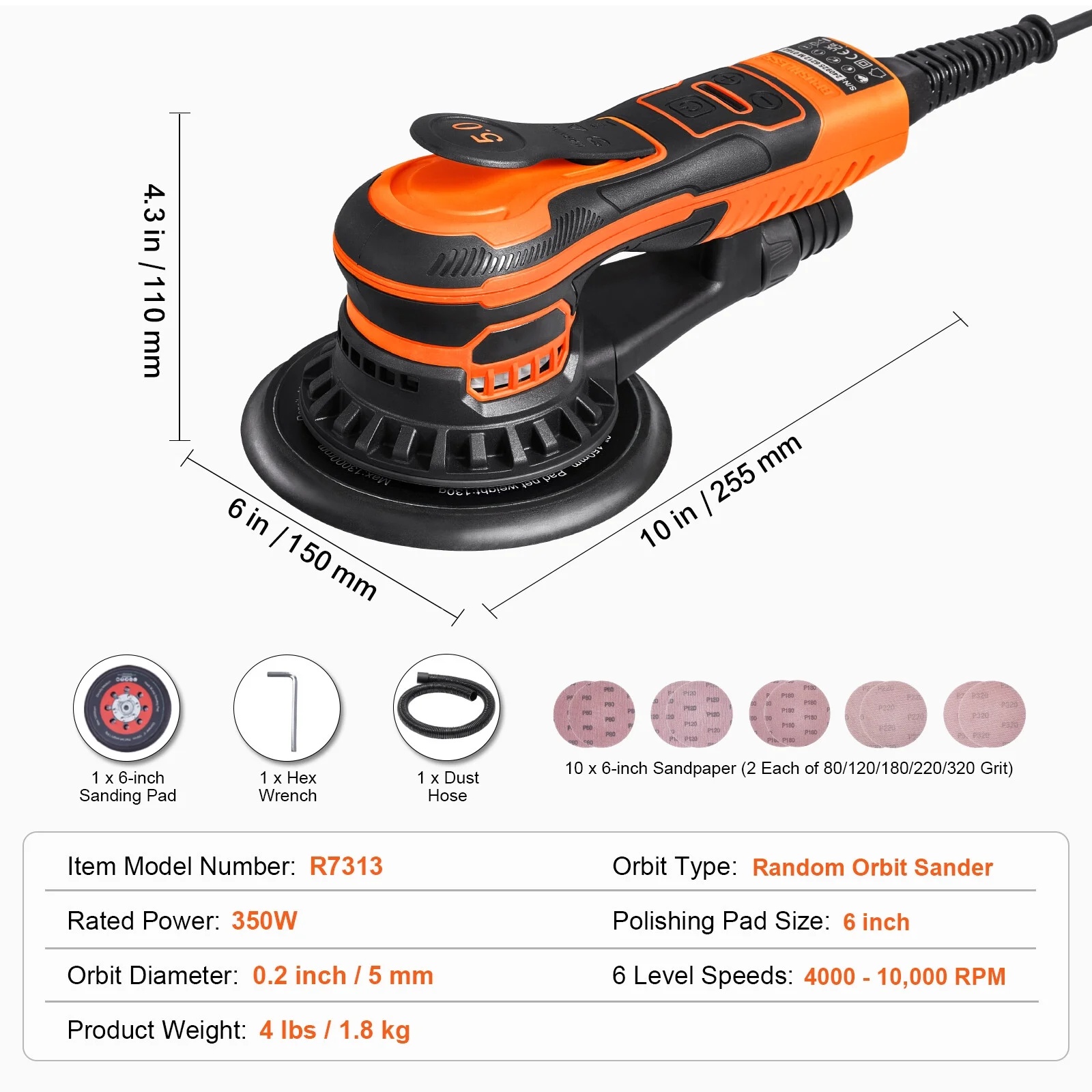Random Orbital Sander 6'' Palm Sander 10000 PRM 10 PCS Sandpapers 6 Speeds - Image 7