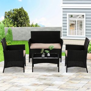 YRLLENSDAN Patio Furniture Set 4 Piece, Wicker Sofa Set Rattan Chair Outdoor Indoor Wicker Sofa with with Cushions & Coffee Table Bistro Sets for Patio Backyard Lawn Patio Chair (Black)