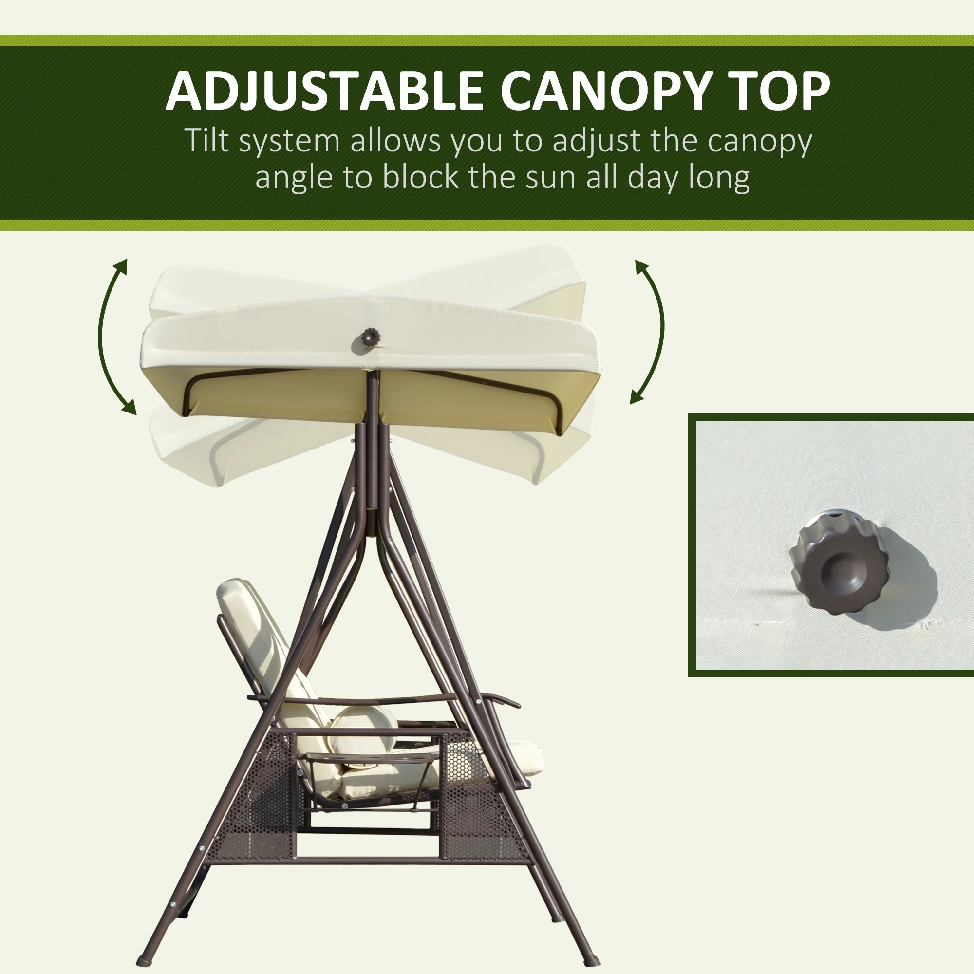 Outsunny 2-Person Patio Swing Bench with Adjustable Shade Canopy, Soft Cushions, Throw Pillows and Tray, Beige. - Image 4