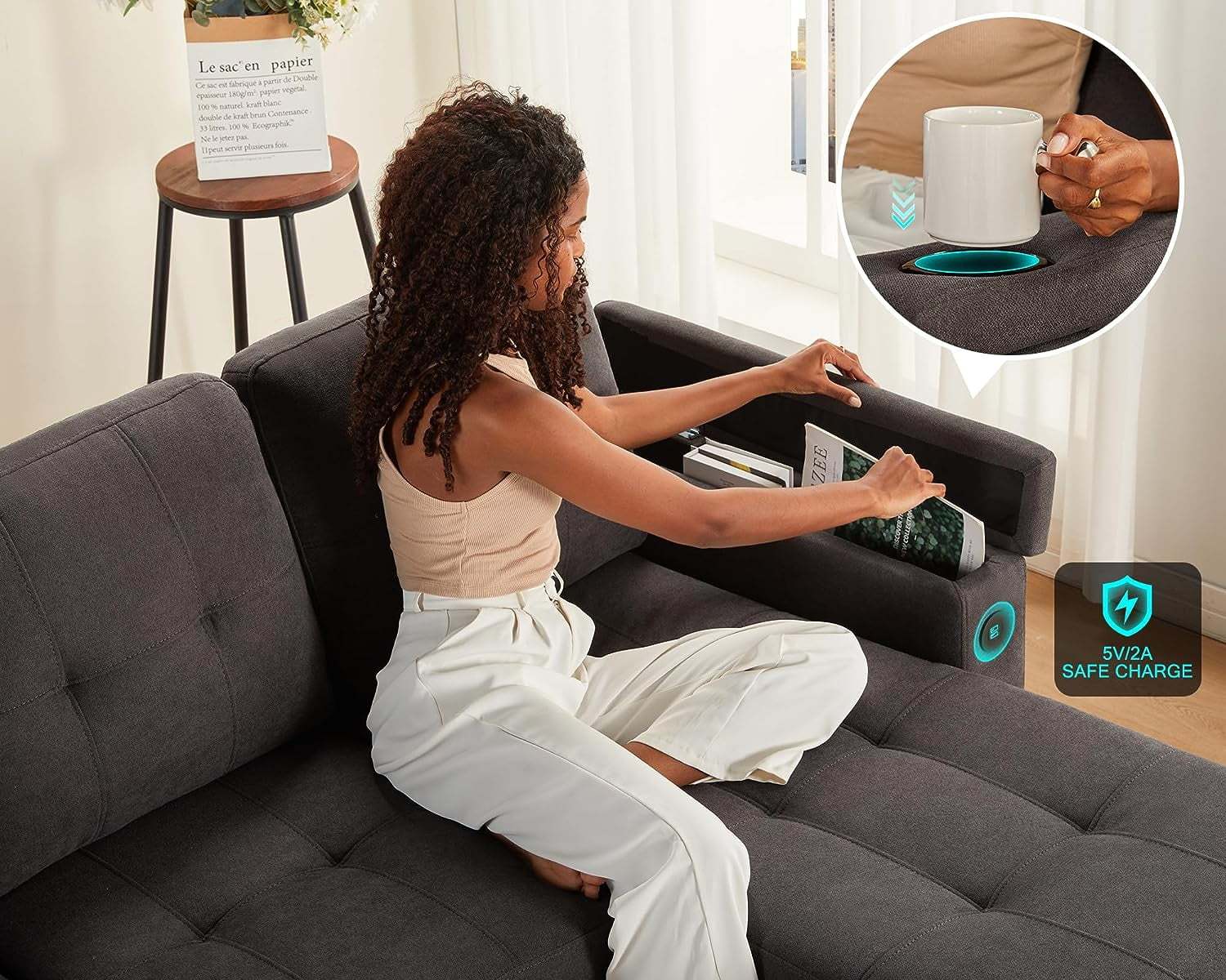 Papajet Sleeper Sofa, Modern Tufted Convertible Sofa Bed, USB Charging Ports & Cup Holders, L Shaped Sofa Couch with Storage Chaise, Linen Couches for Living Room (Dark Grey) - Image 3
