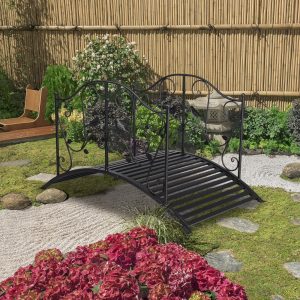 Garden Bridge, Metal Arch Backyard Garden Bridge Safety Siderails, Arch Path Bridge, Ourdoor Decorative Iron Foot Bridge for Pond and Backyard Landscaping (Black with Ball Flat Top), (47 x 26 x 28)"