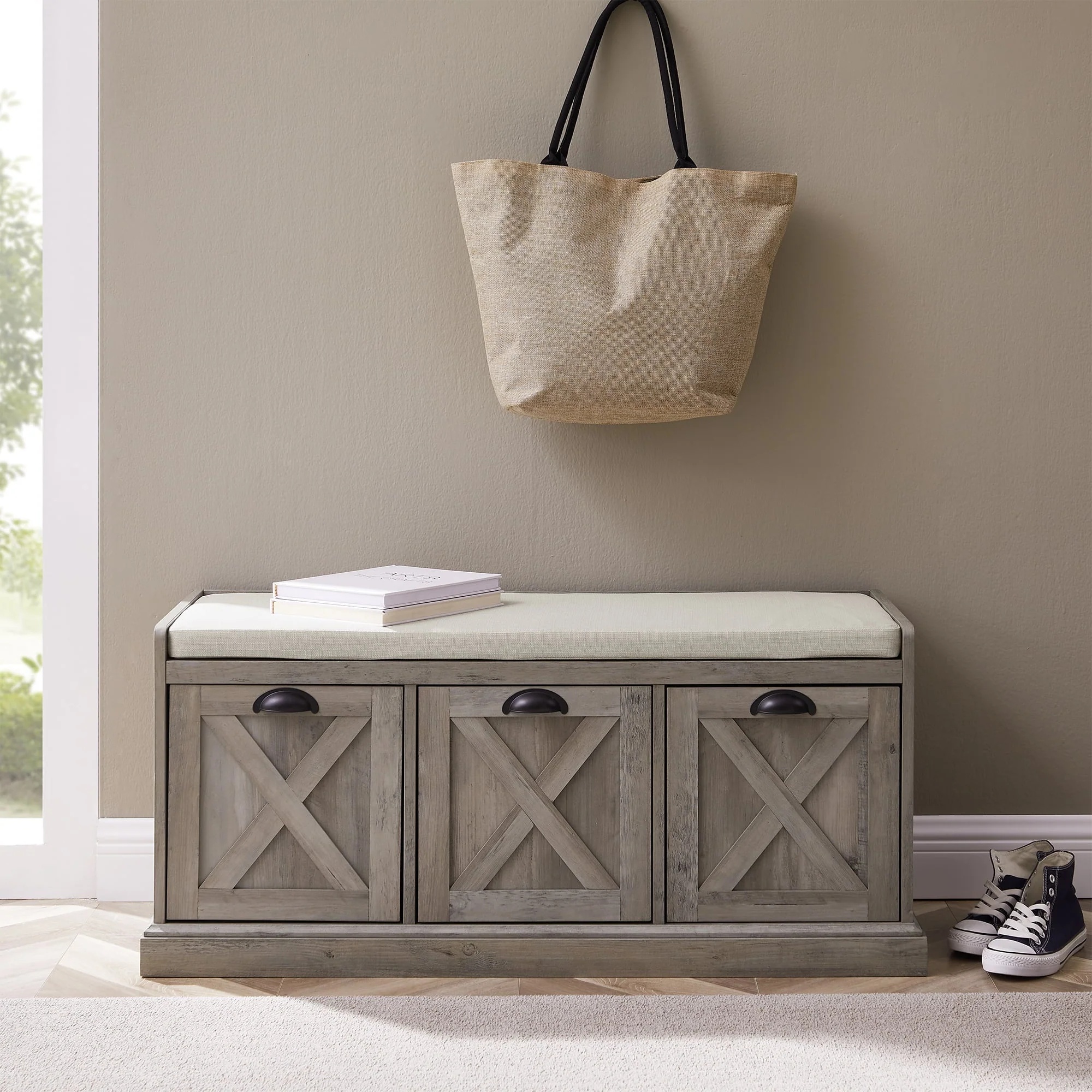 Manor Park Modern Farmhouse 3 Drawer Storage Bench, Grey Wash - Image 3