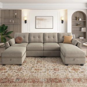 HONBAY Modern Velvet Sofas Set with Storage Ottoman Sectional Sofa in Peal Grey