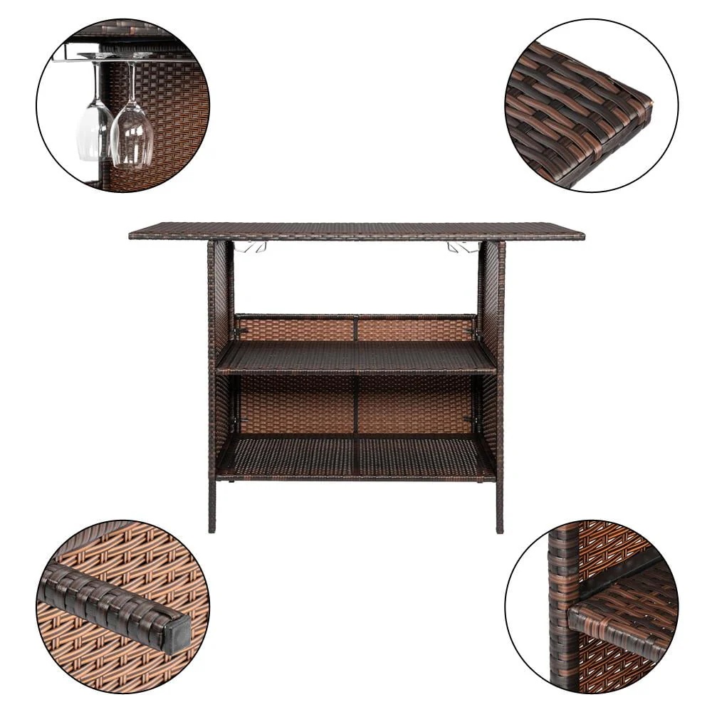 UBesGoo Outdoor Patio Rattan Wicker Bar Counter Table with 2 Storage Shelves - Image 6