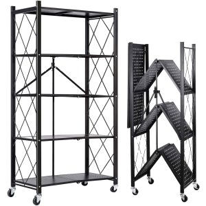 Vebreda 5 Tier Storage Shelves Foldable Metal Shelving Units Storage Racks with Lockable Wheels, Black