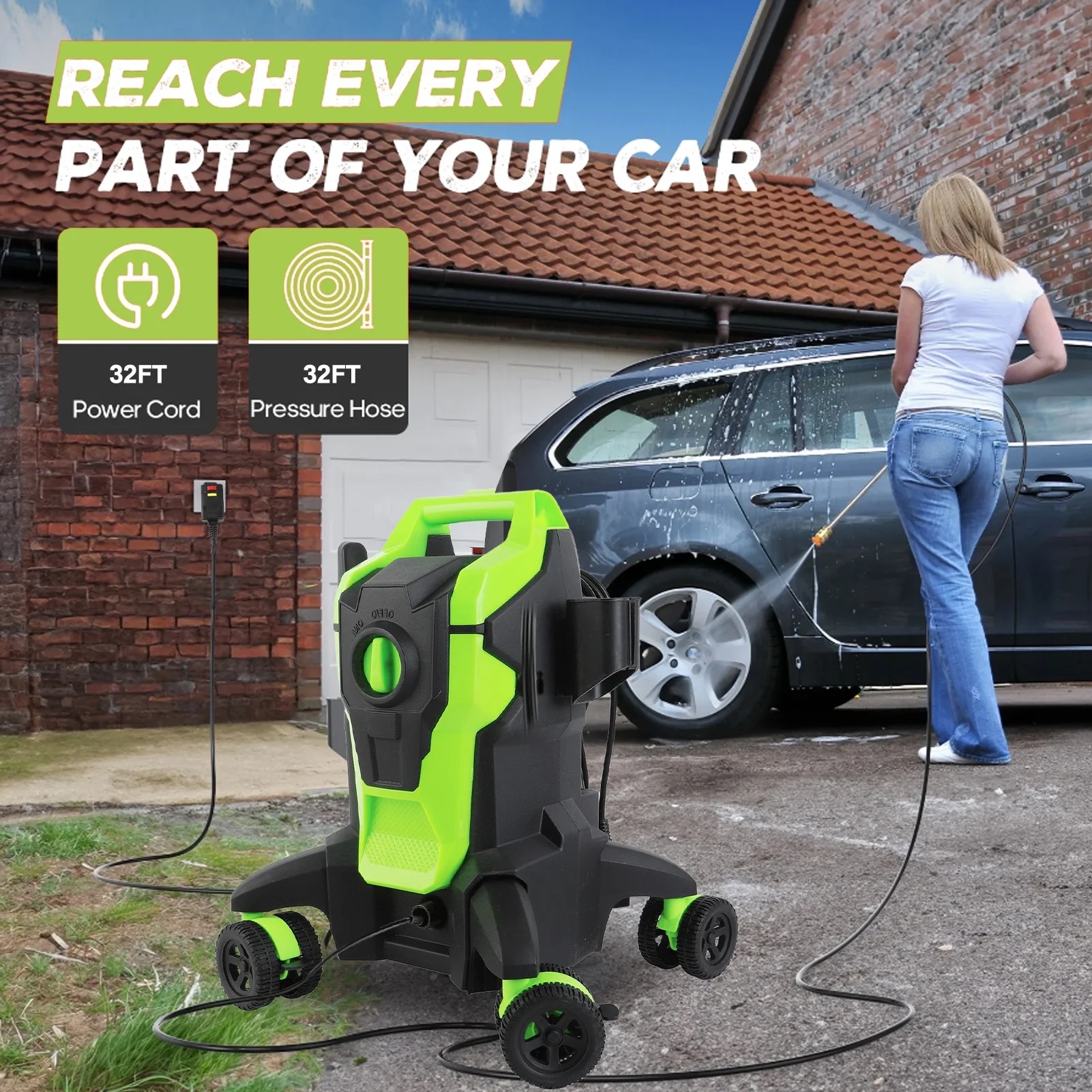 Electric Pressure Washer, 4000PSI Max. 2.8 GPM Power Washer w/ 32 ft Hose and 32 ft Power Cord, 4 Quick Connect Nozzles, 4 Wheels, Foam Cannon, Suitable For Clean Cars, Patios, Driveways - Image 6