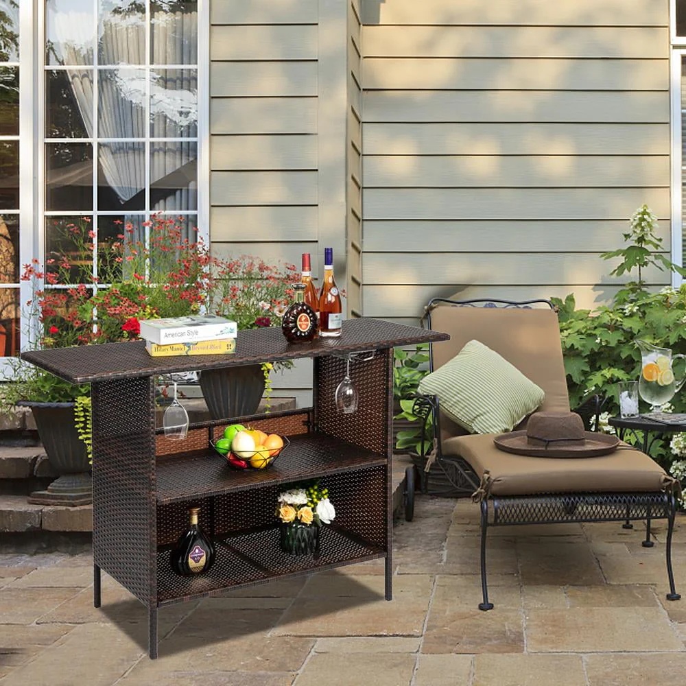UBesGoo Outdoor Patio Rattan Wicker Bar Counter Table with 2 Storage Shelves - Image 2