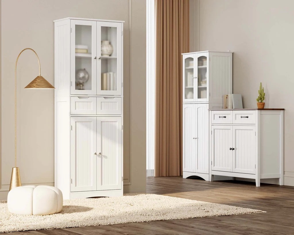 Aiho 66.9 "H Kitchen Pantry Storage Cabinet with 2 Drawers and Glass Doors for Kitchen - White - Image 11