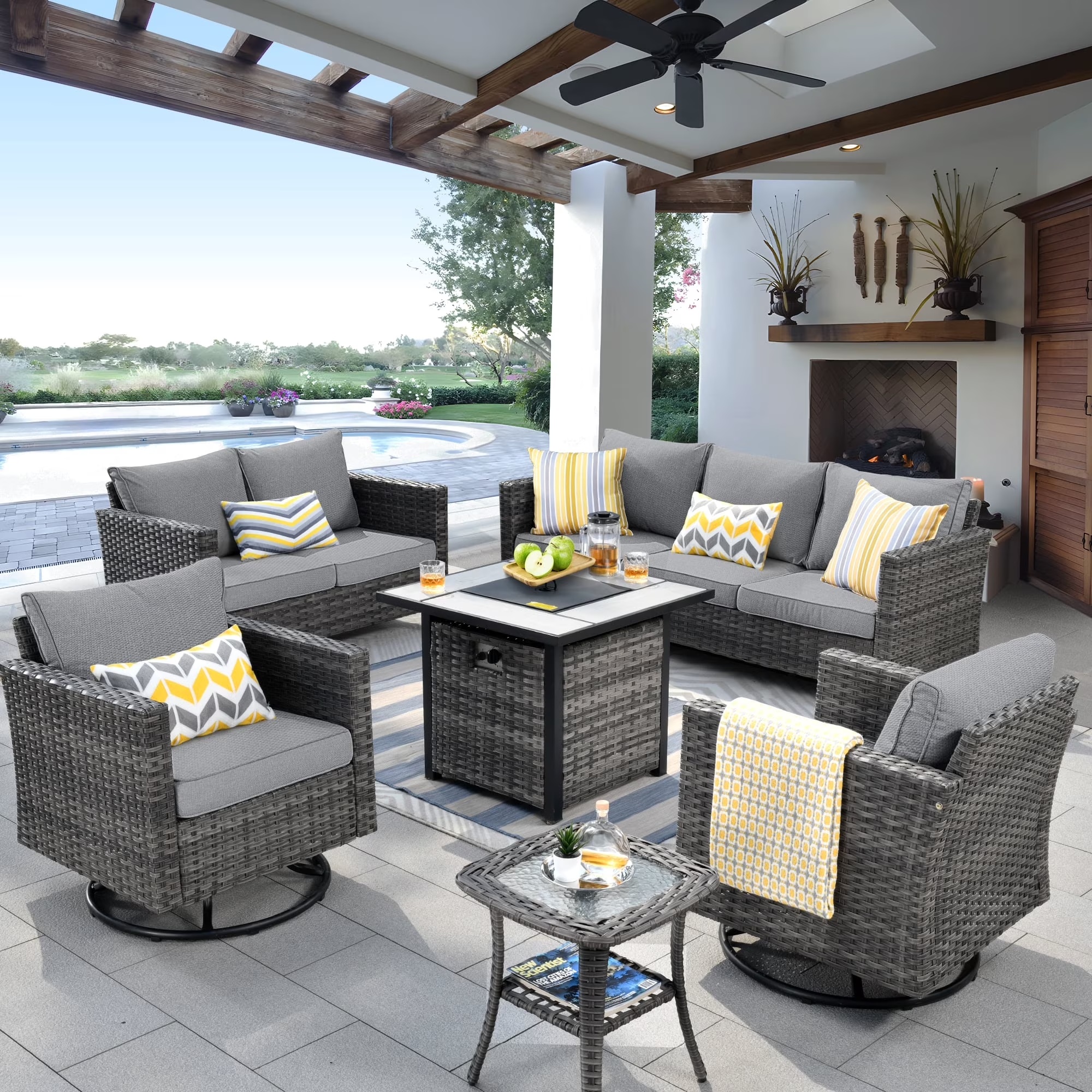 Ovios 6 Pieces Outdoor Patio Furniture Set with Gas Propane Fire Pit Table Wicker Outdoor Conversation Set with Swivel Rocking Chair for Backyard, Cushion Beige - Image 9