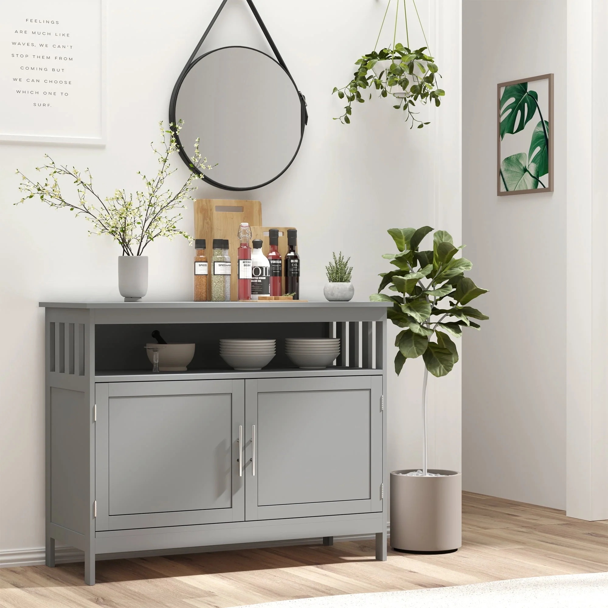 HomCom Kitchen Console Table/Buffet Sideboard/Wooden Storage Table with 2-Level Cabinet and Open Shelf, Grey - Image 11