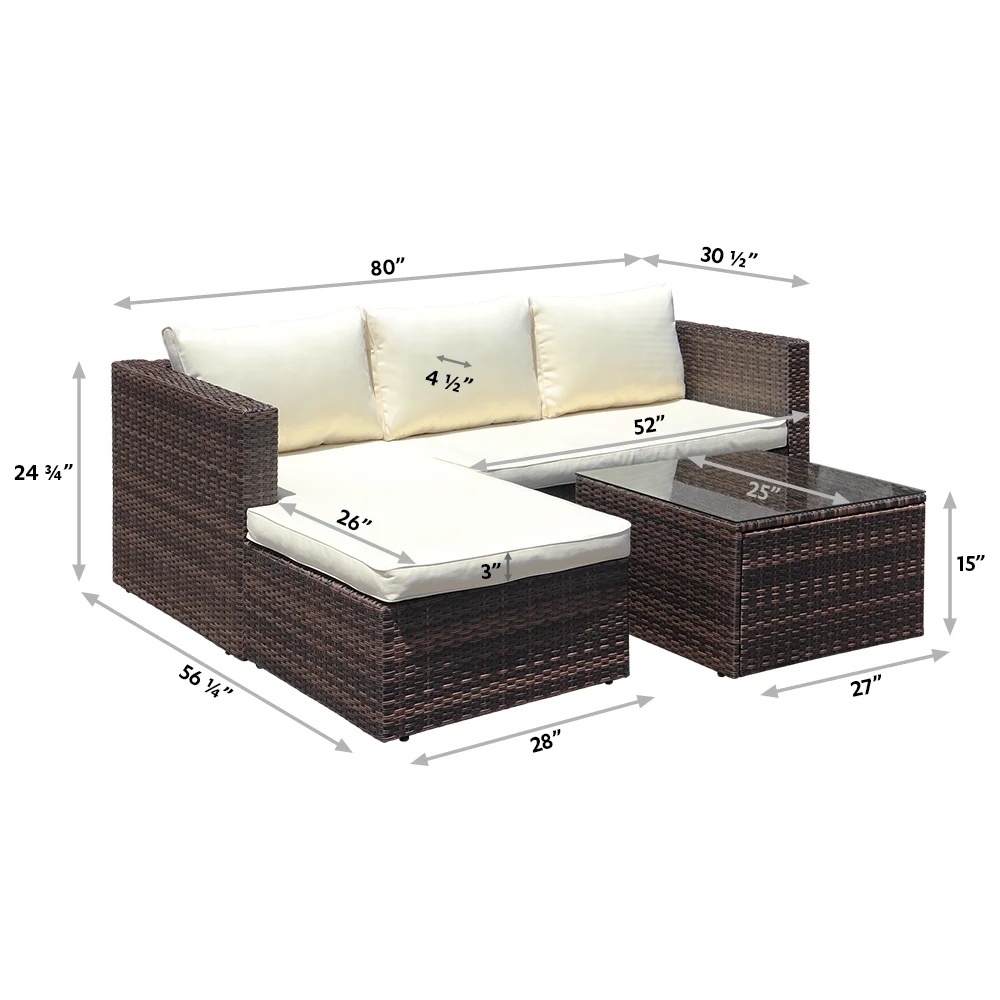 Abble 3pcs Patio Furniture Set Outddor Wicker Sectional Set Conversation Sofa Set with Cushions-Gray - Image 10