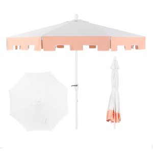 JONATHAN Y Baiona 9 ft. Market Patio Umbrella, Classic Mid-Century with UV Protection, Auto-Tilt, Crank and Wind Vent, White/Coral Pink