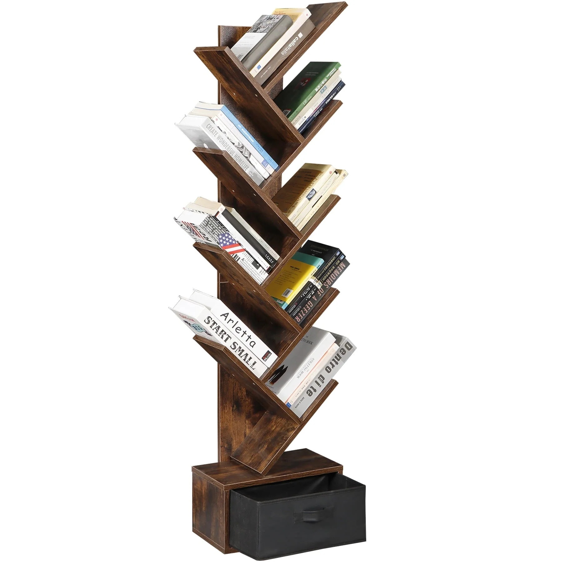 HomGarden 9 Tier Tree Bookshelf Modern Storage Rack Floor Bookcase W/Drawer, Rustic Brown - Image 8