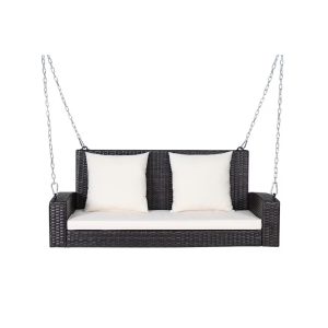 Topcobe 2-Person Patio Rattan Porch Swing with Cushions, Outdoor Patio Furniture, White