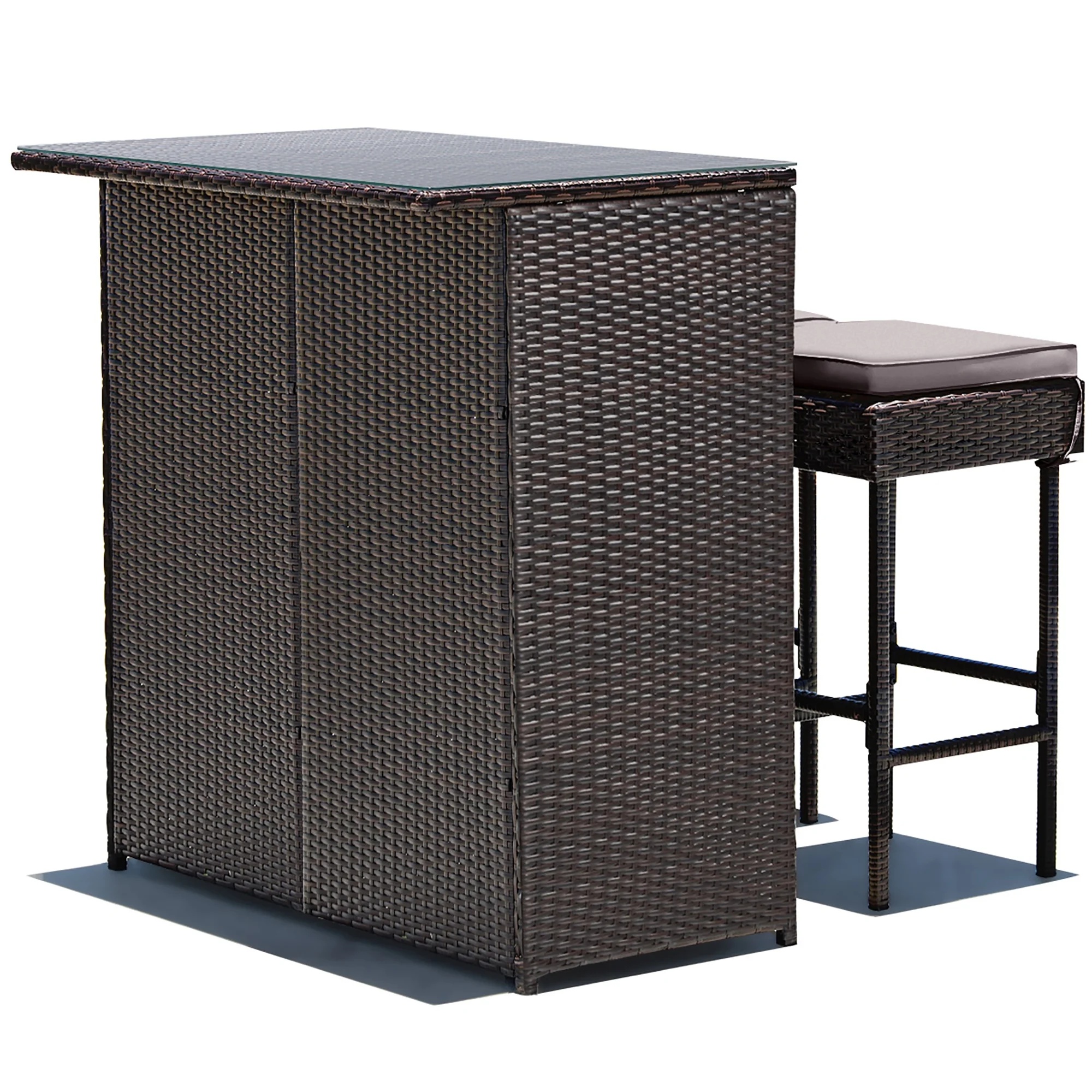 Costway Patio 3PCS Rattan Bar Table Stool Set Cushioned Chairs with Gray & Off white Cover - Image 13