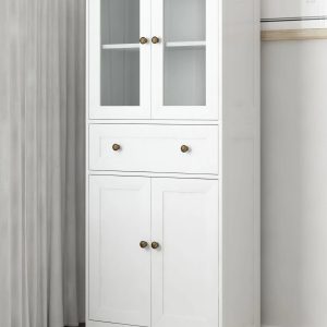 Ktaxon 64" Tall Bathroom Storage Cabinet Organizer, Freestanding Kitchen Pantry Cabinet Line Tower with 2 Glass Doors, Large Drawer & 4 Adjustable Shelves for Dining Room Living Room Home Office,White