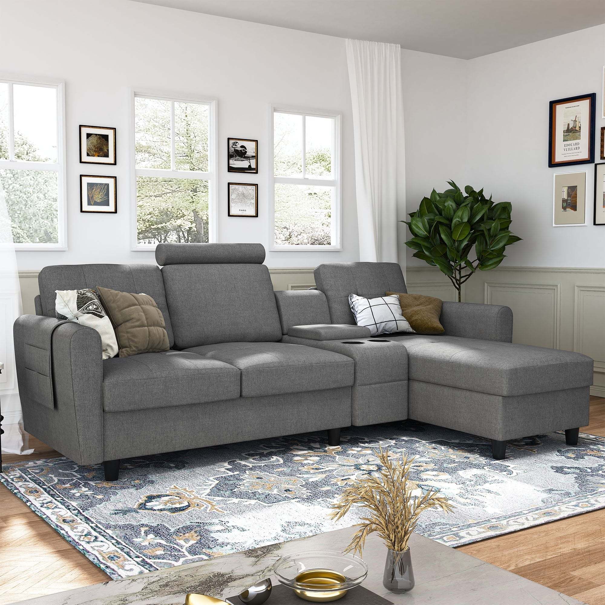 HONBAY Reversible Sectional Sofa Modern Upholstered L Shaped Couch with Cup Holders & Storage Console for Living Room, Grey - Image 11