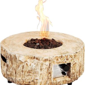 UIXE Gas Fire Pit Bowl Table, Faux Stump Outdoor Propane Firepit Round Table with Lava Rock, Waterproof Cover, Smokeless Fire Pit for Outside Patio Garden Backyard, 28 inch 30,000 BTU, CSA Approved