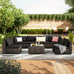 Grezone 7 Patio Outdoor Furniture Wicker Sectional Sofa Couch Lawn Sectional, Black