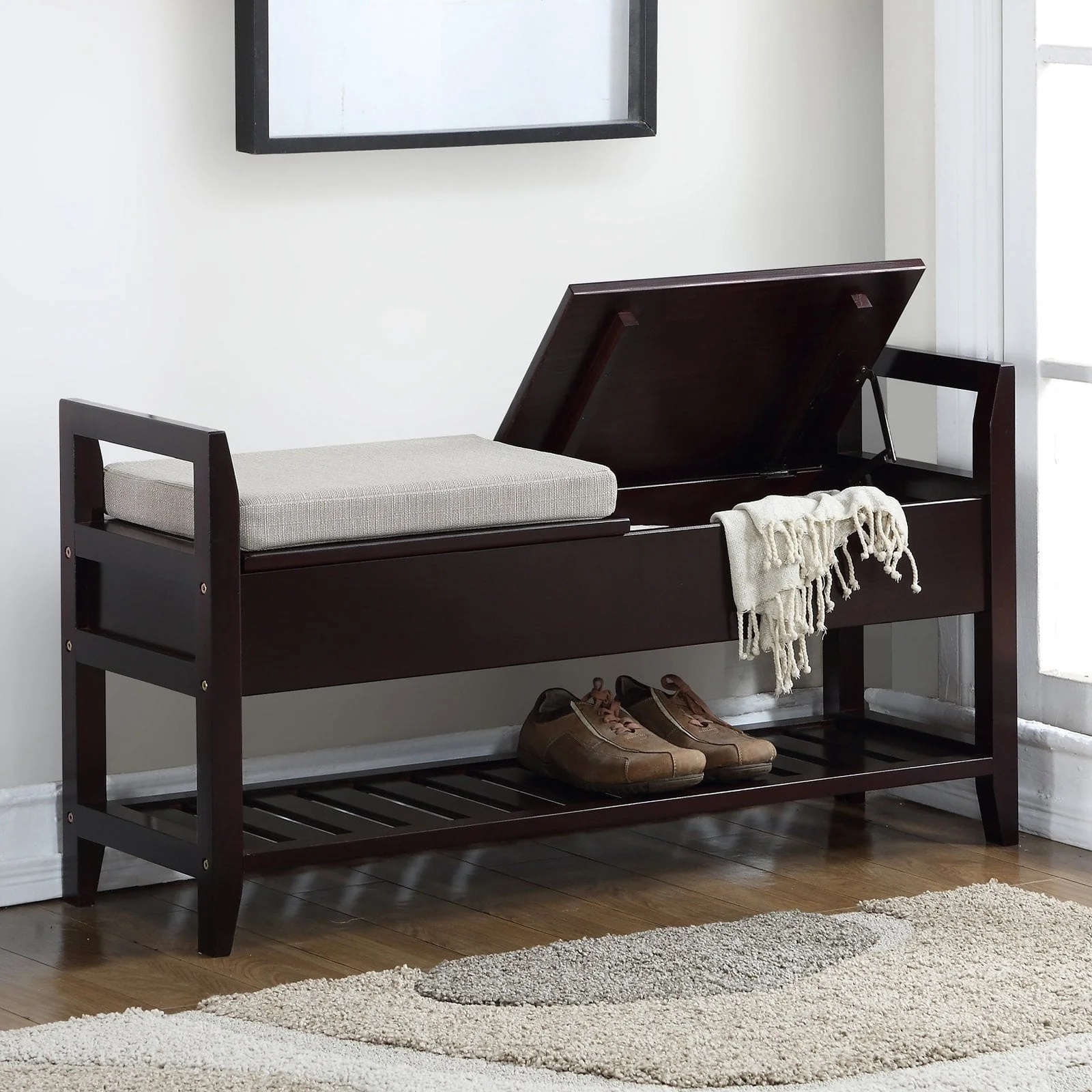 Roundhill Furniture Vannes Storage & Upholstered Bench, Espresso - Image 2