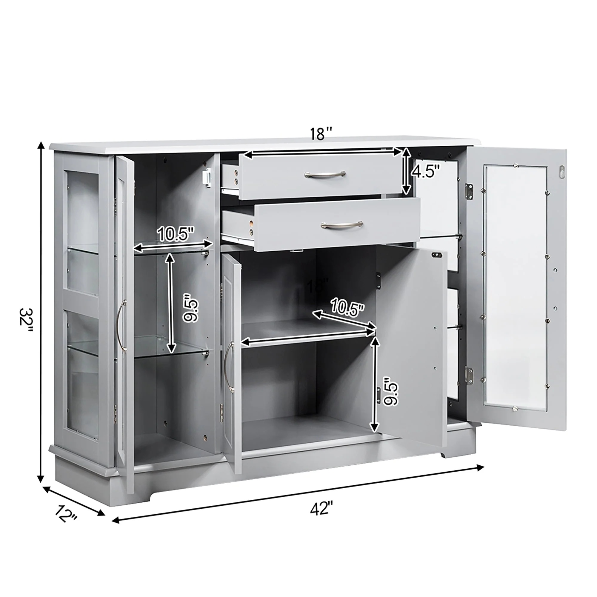 Costway Sideboard Buffet Server Storage 32'' Cabinet W/ 2 Drawers 3 Cabinets Cupboard Grey - Image 2