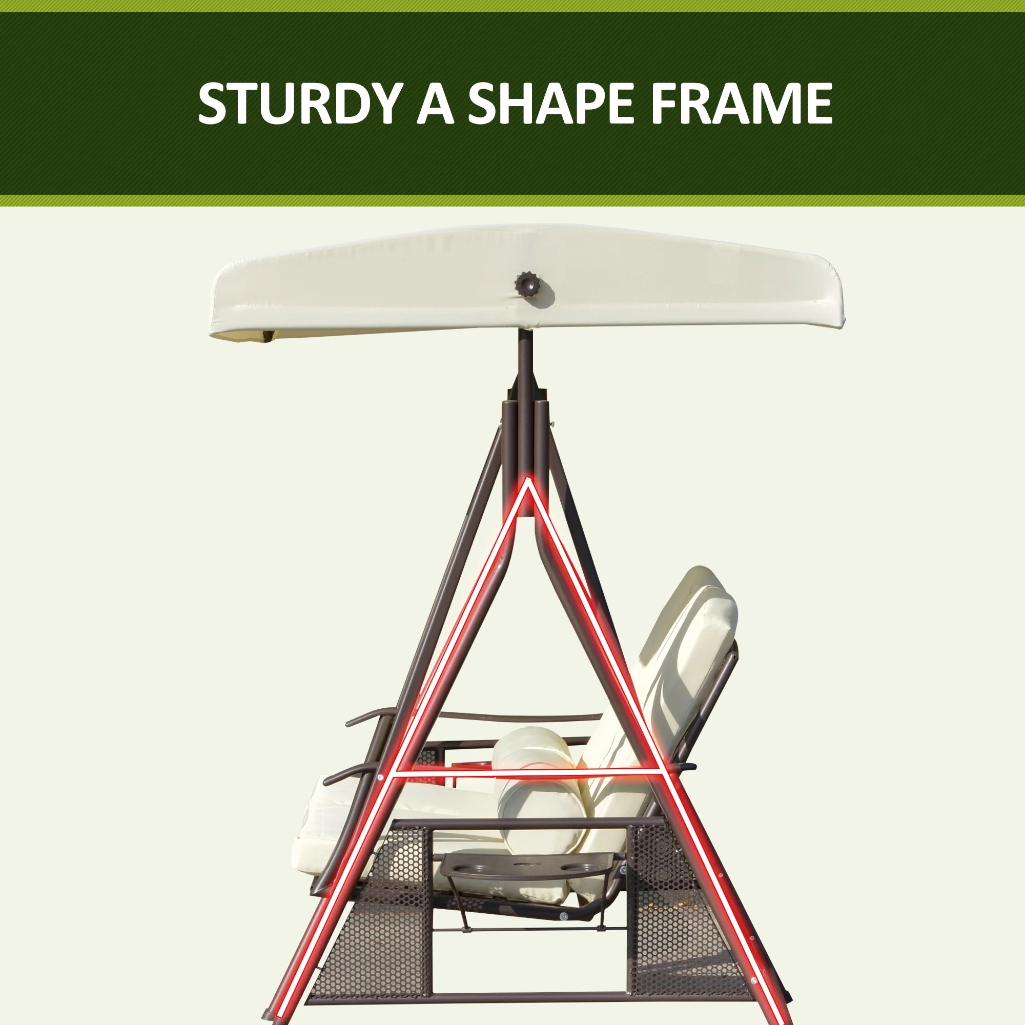 Outsunny 2-Person Patio Swing Bench with Adjustable Shade Canopy, Soft Cushions, Throw Pillows and Tray, Beige. - Image 9