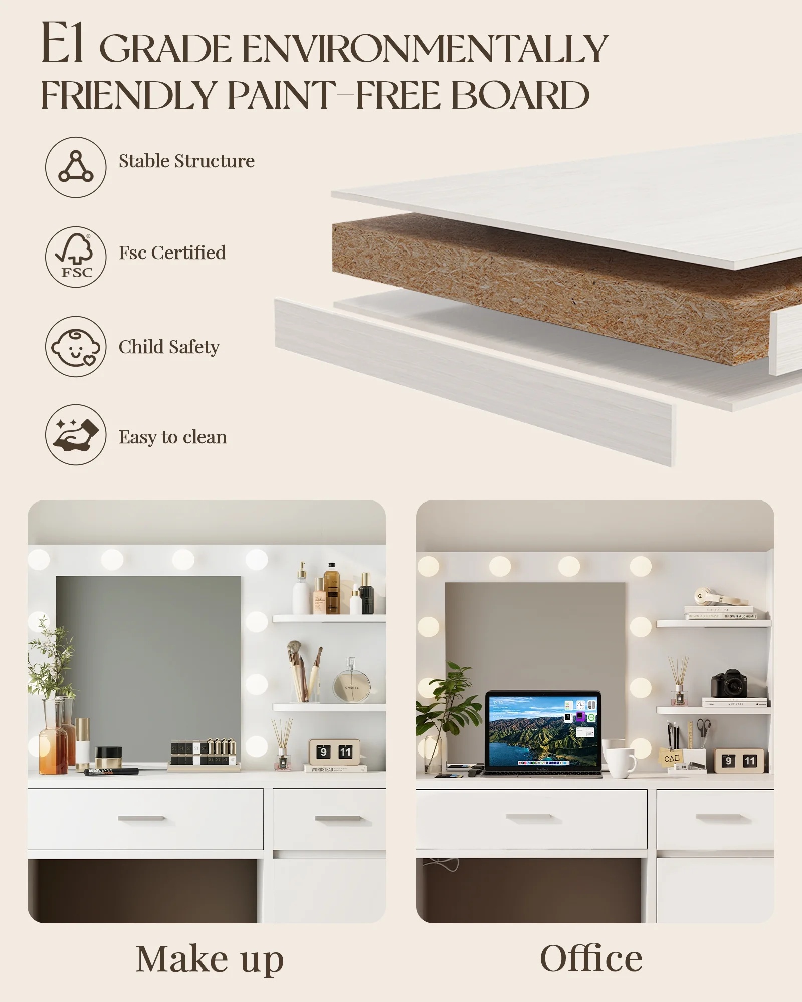 LIVELYGLOW Vanity Desk with Mirror and Lights, Makeup Vanity with Drawer & Storage Shelves, Cabinet, 3 Lighting Modes Adjustable Brightness,White - Image 2