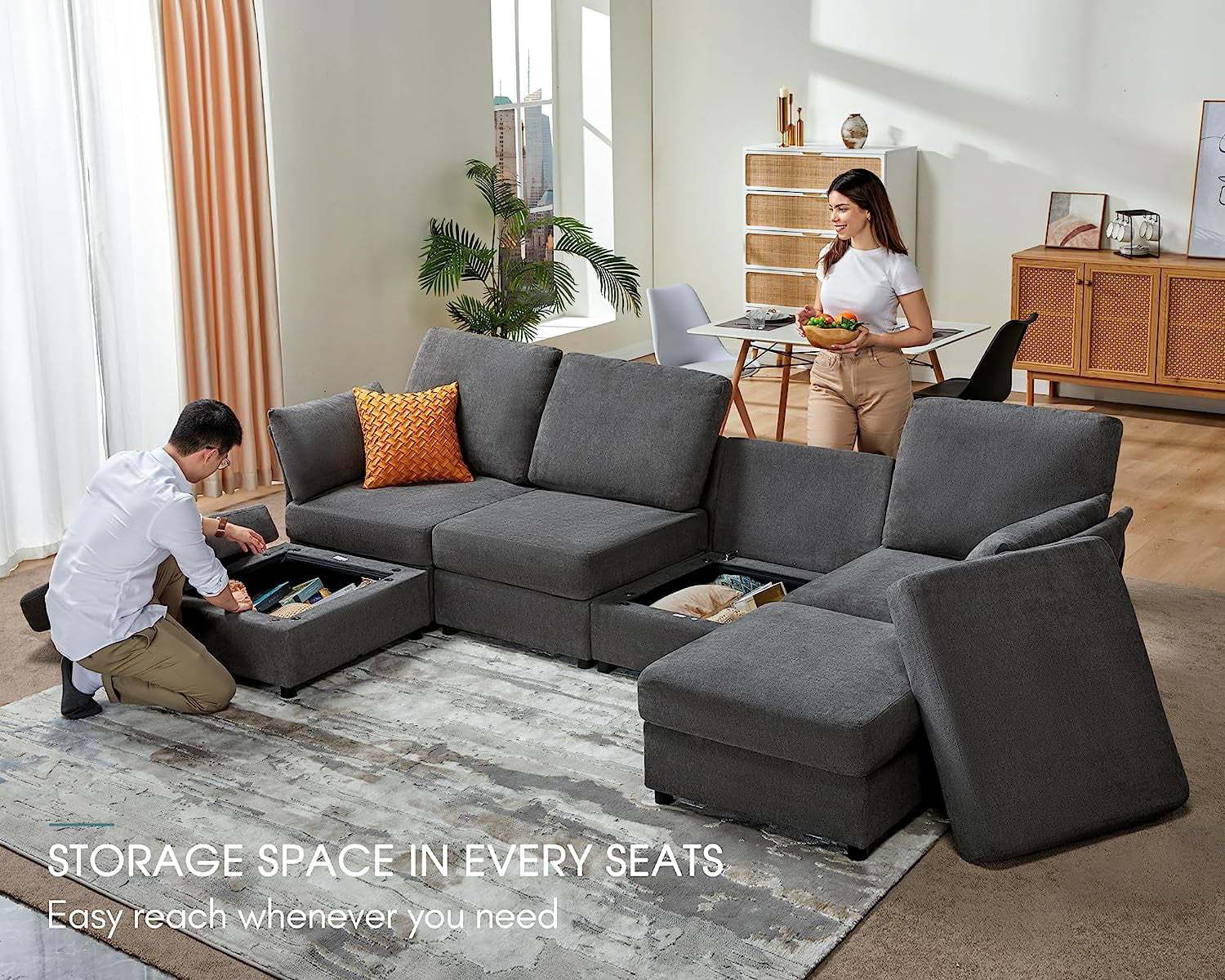 Amerlife 131 Inches Modular Sectional Sofa, Oversized Sectional Sofa with Storage, Ottomans, 6 Seats U Shaped Couch with Chaise- Chenille Gray - Image 3