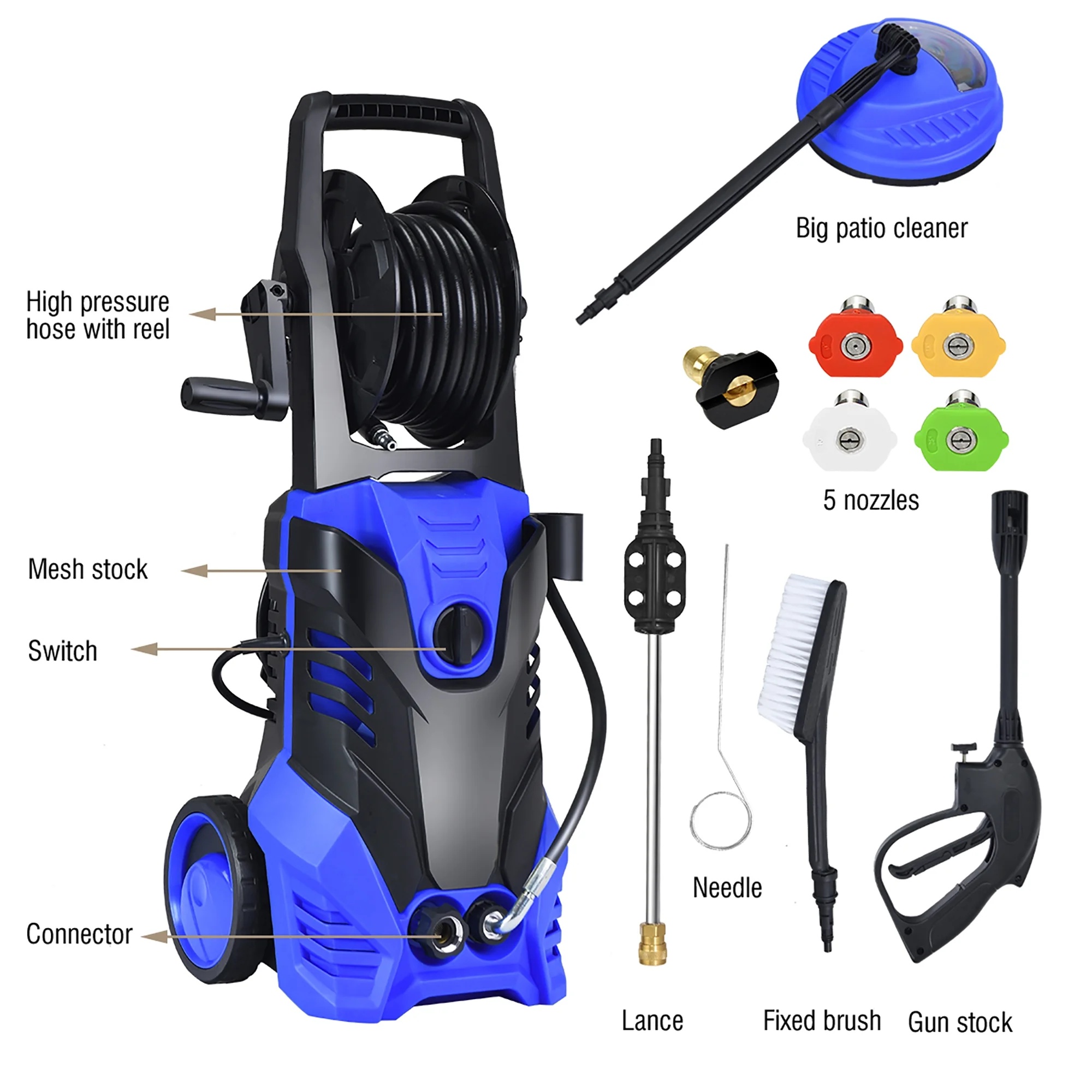 Costway 3000PSI Electric High Pressure Washer Machine 2 GPM 2000W w/ Deck Patio Cleaner Blue - Image 10