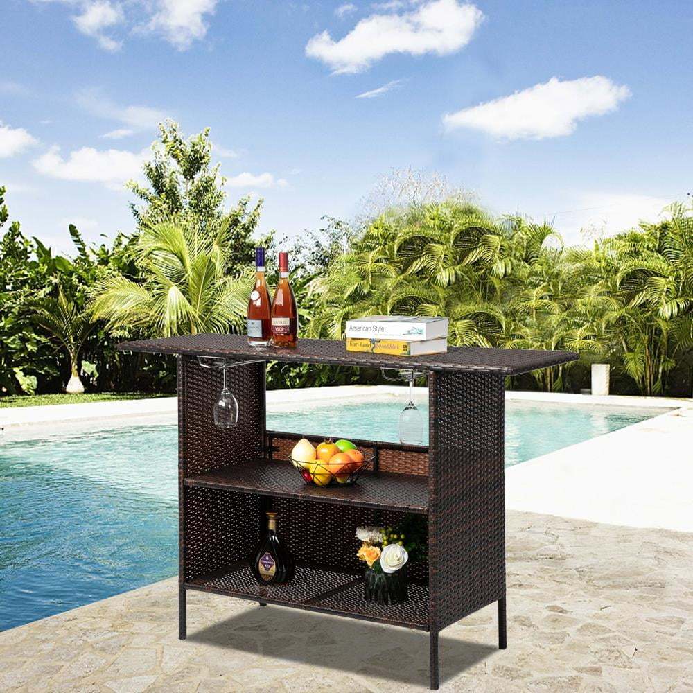 UBesGoo Outdoor Patio Rattan Wicker Bar Counter Table with 2 Storage Shelves - Image 11