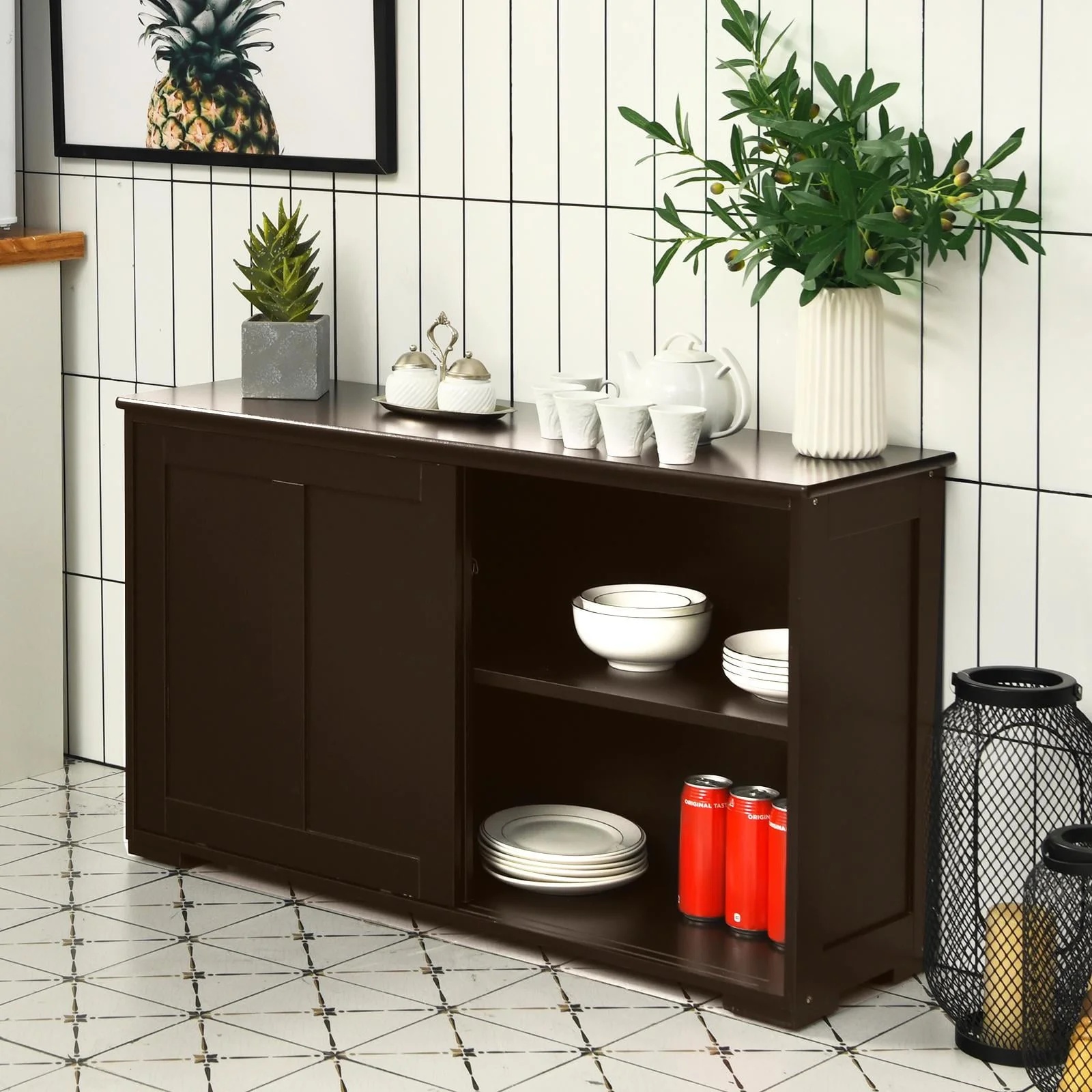 Giantex Kitchen Cabinet, Storage Sideboard, Stackable Buffet Cabinet w/Antique Look, 2 Sliding Door, Bar Cabinet for Kitchen, Dining Room (Brown) - Image 2
