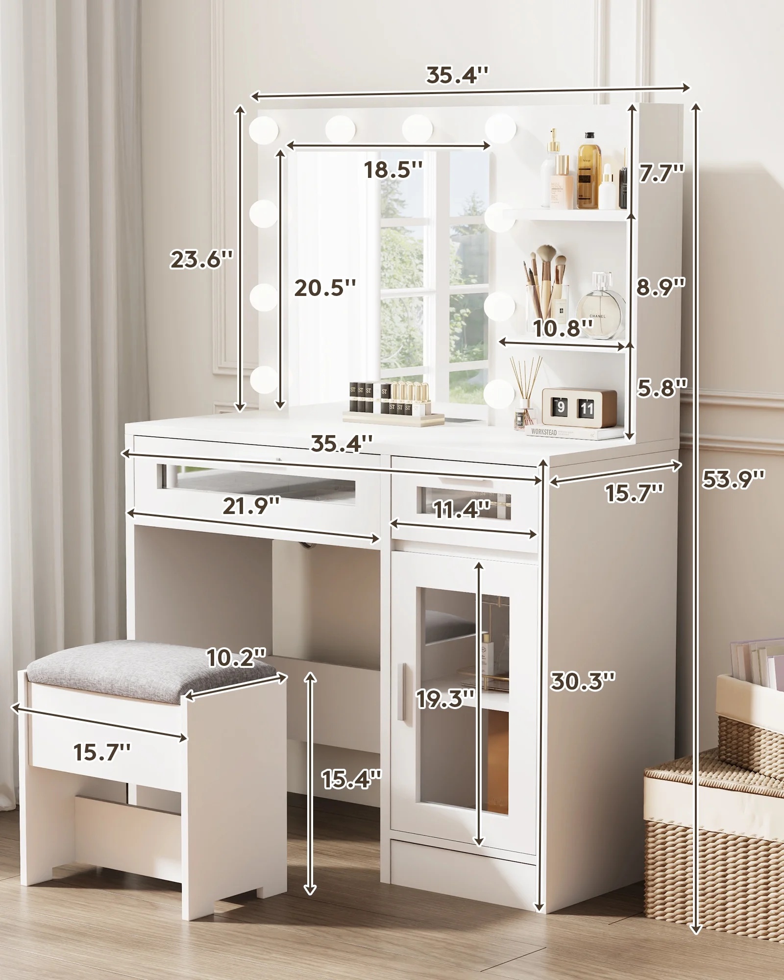 LIVELYGLOW Vanity Desk with Mirror and Lights, Makeup Vanity with Drawer & Storage Shelves, Cabinet, 3 Lighting Modes Adjustable Brightness,White - Image 54