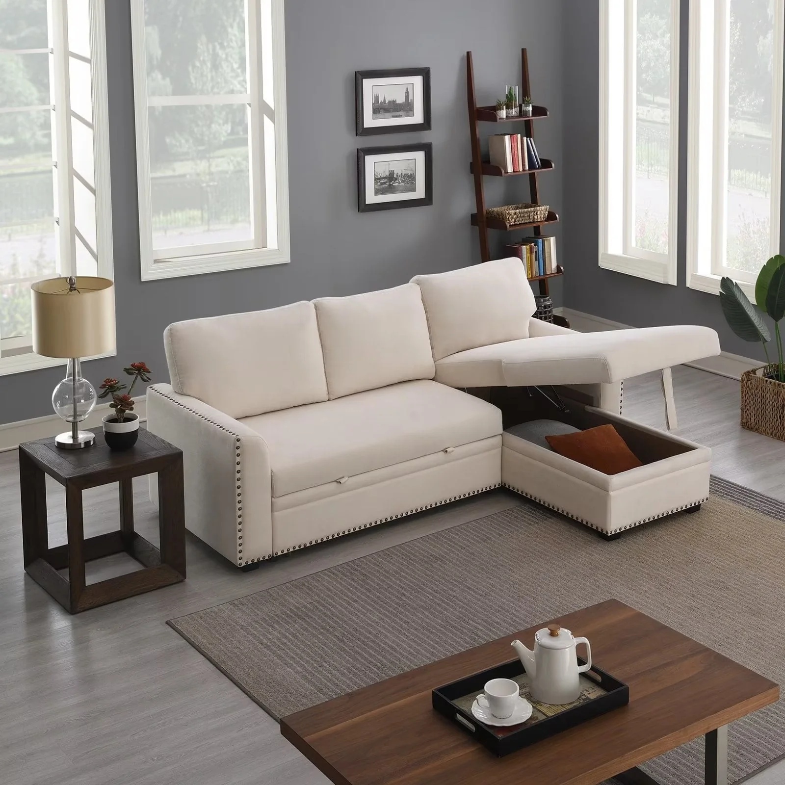 Morden Fort Velvet Reversible Sectional Convertible L-Shape Sofa Sleeper with Storage - Image 2