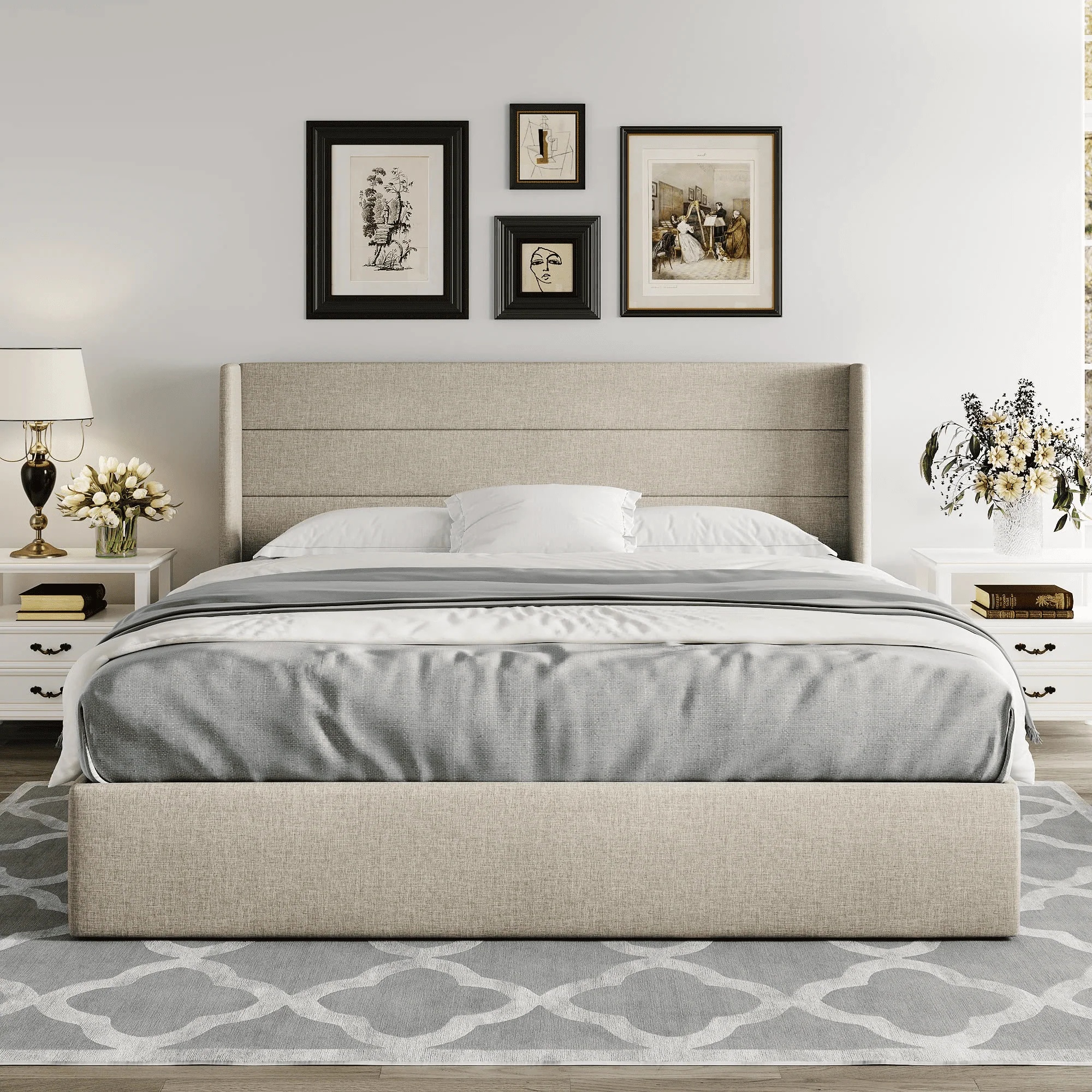 Einfach King Size Lift up Storage Bed with Wingbacks and Horizontal Channel Headboard, Beige - Image 3