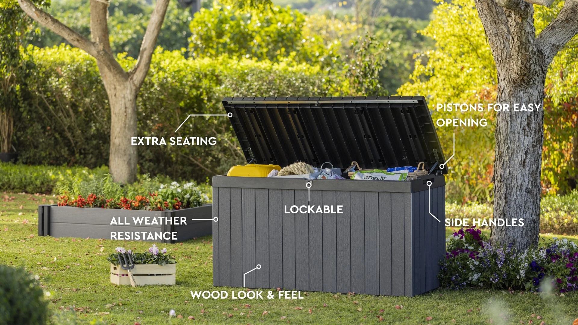 Keter Darwin 100 Gallon Large Resin Deck Box for Patio Outdoor Storage, Grey - Image 12