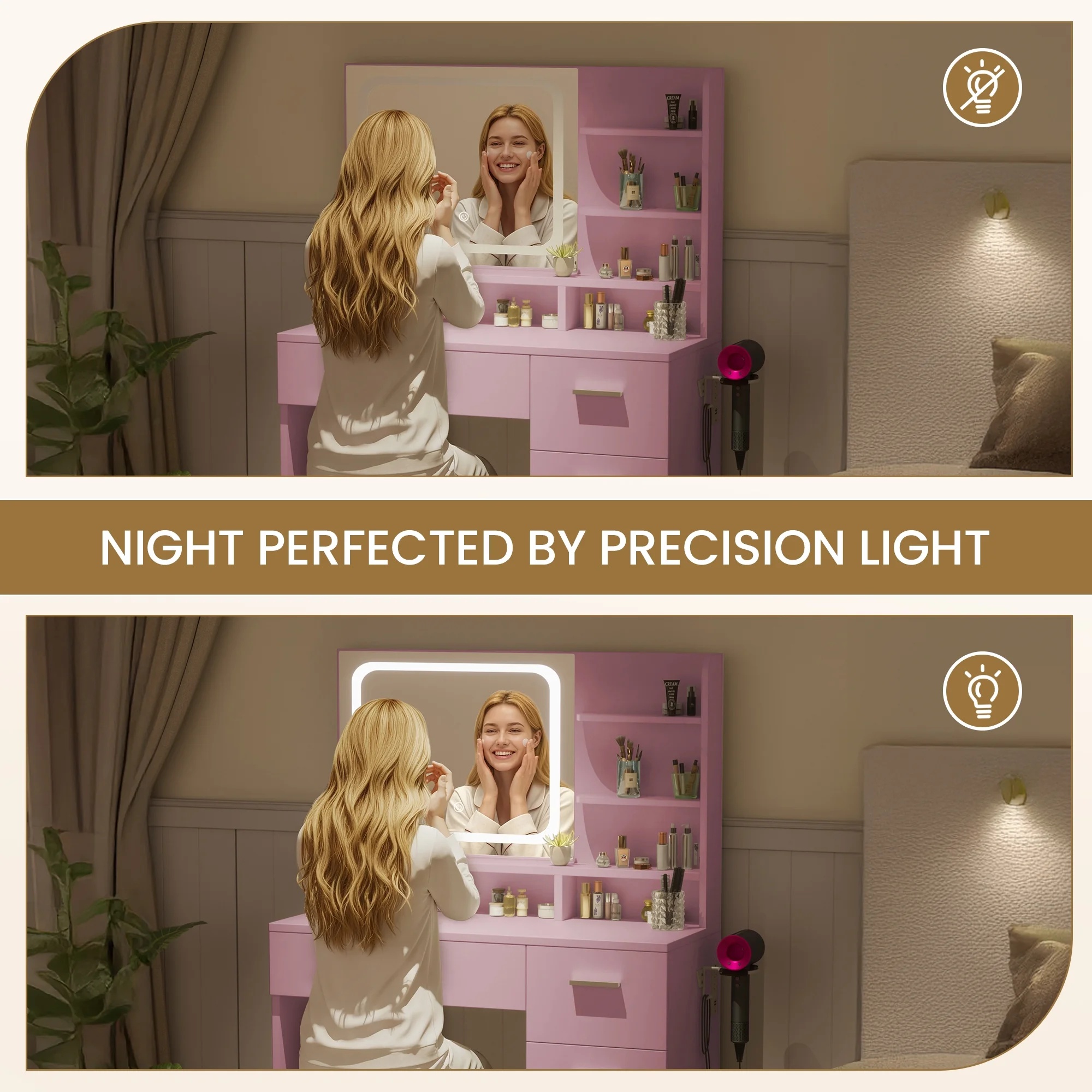 LIVELYGLOW Vanity Desk with Mirror and Lights, Makeup Vanity with Drawer & Storage Shelves, Cabinet, 3 Lighting Modes Adjustable Brightness,White - Image 30