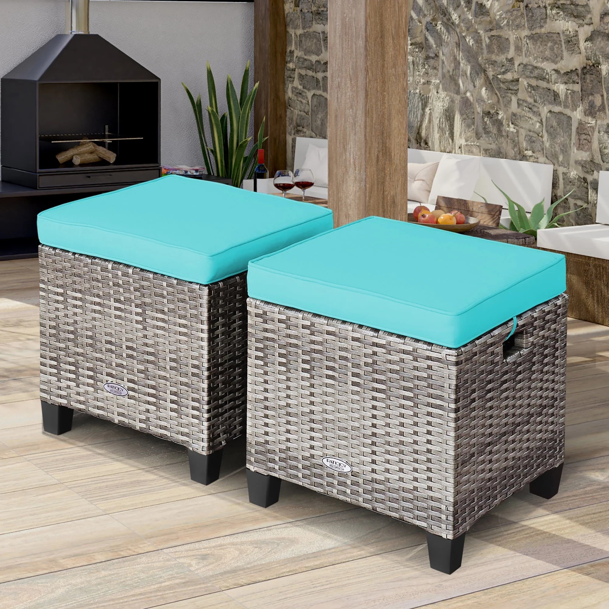 Costway 2PCS Patio Rattan Cushioned Ottoman Seat Foot Rest TableTurquoise - Image 3