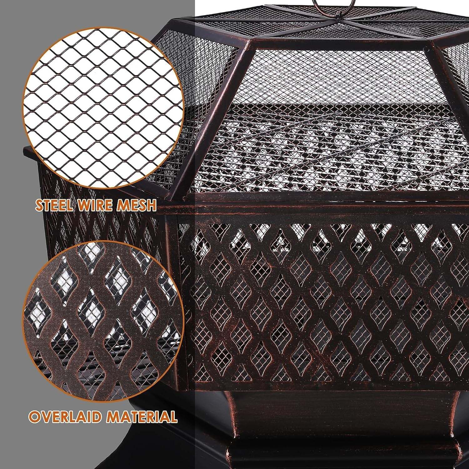 Arlopu 30'' Hex Shaped Steel Fire Pit for Outside, Wood Burning Fireplace Fire Bowl with Spark Screen & Fire Poker for Patio, Backyard, Camping - Image 9