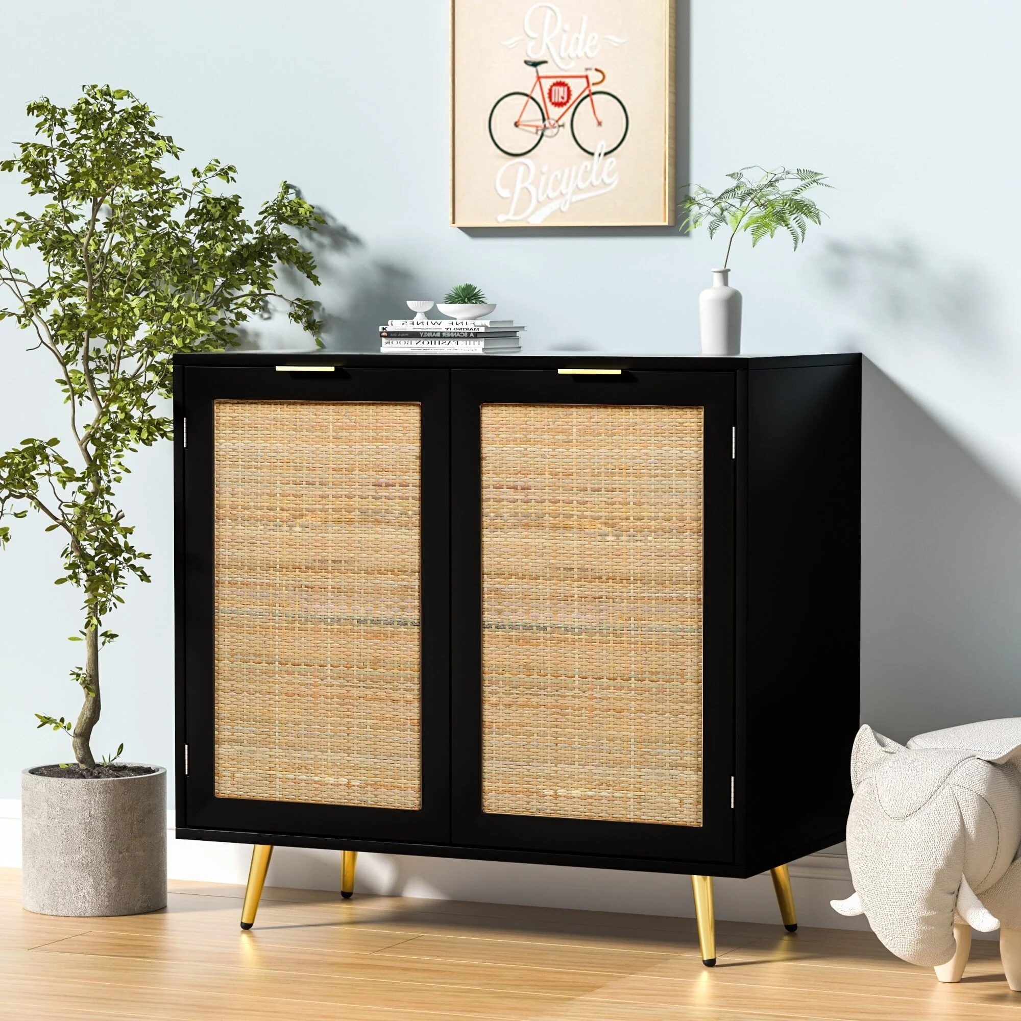 Anmytek Natural Rattan Black Buffet Sideboard Storage Cabinet with 2 Doors - Image 2