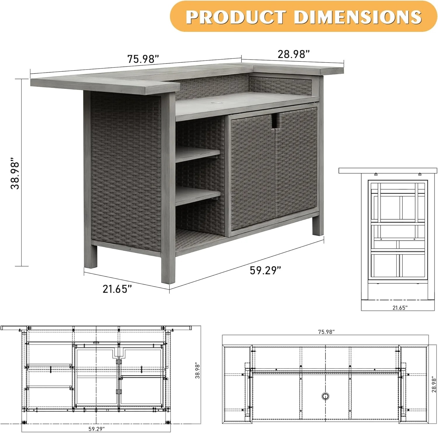 TOTAL Outdoor Home Bar Table with Aluminum Frame and Outdoor Wicker Design, for patio, kitchen, Gray - Image 2