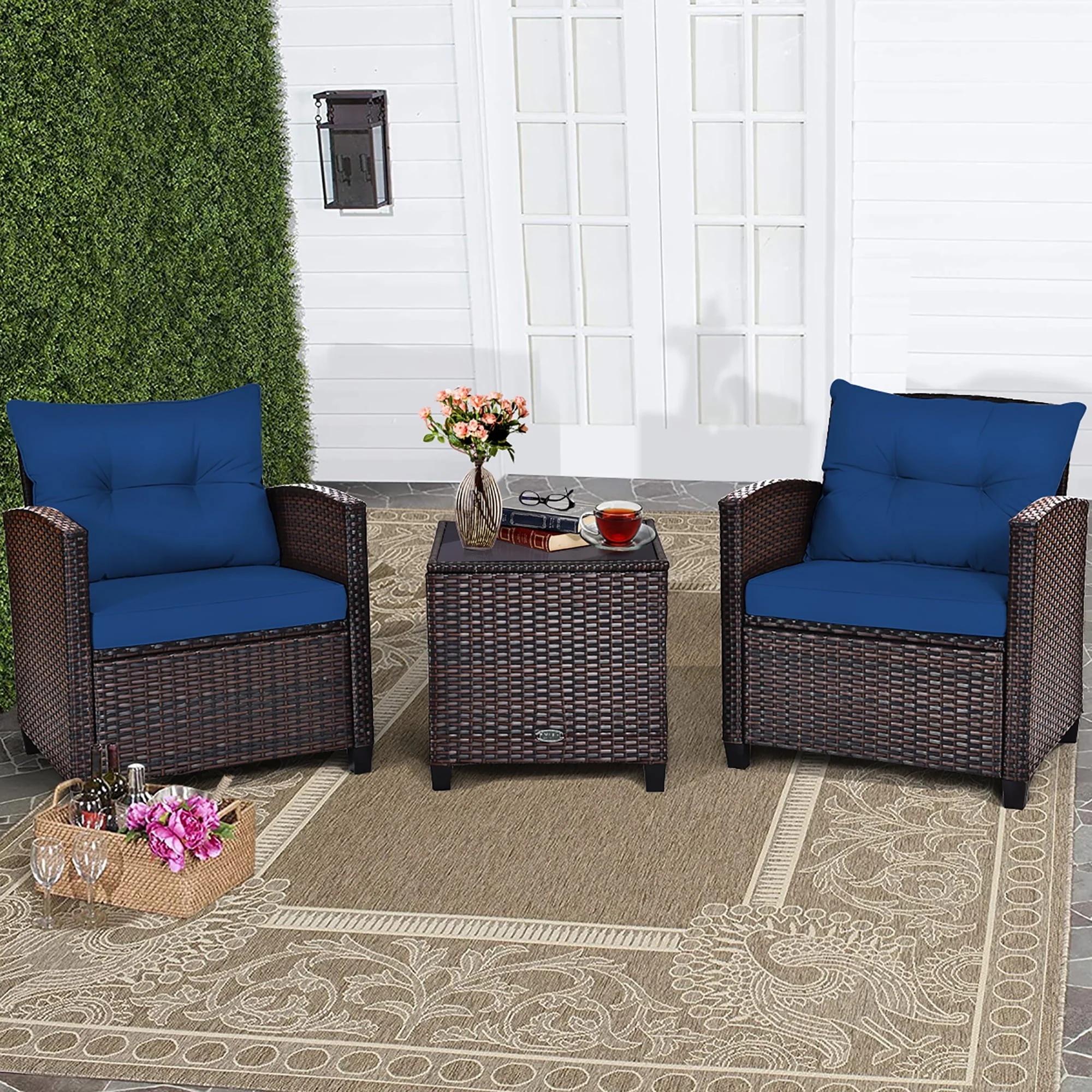 Costway 3PCS Patio Rattan Furniture Set Cushioned Conversation Set Sofa Coffee Table Red - Image 13