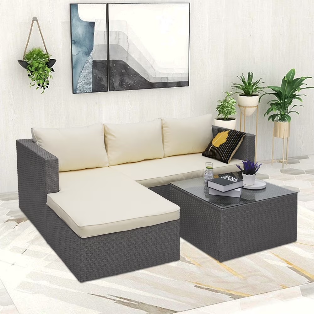 Abble 3pcs Patio Furniture Set Outddor Wicker Sectional Set Conversation Sofa Set with Cushions-Gray