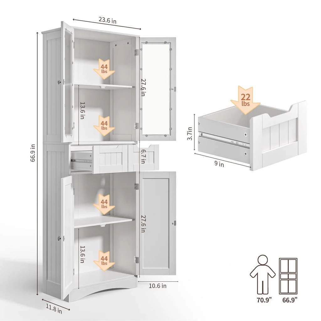 Aiho 66.9 "H Kitchen Pantry Storage Cabinet with 2 Drawers and Glass Doors for Kitchen - White - Image 6