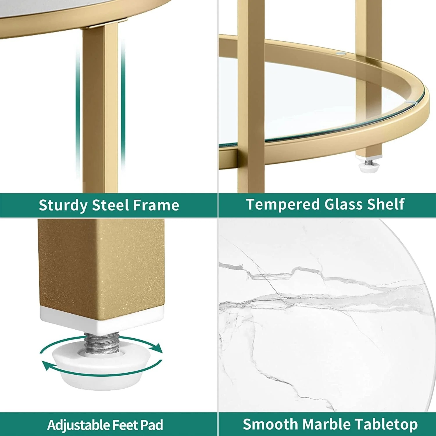 DEXTRUS 2-Tier Round Coffee Table Marble Center Cocktail Table with Glass Open Storage Shelf, White & Gold - Image 8