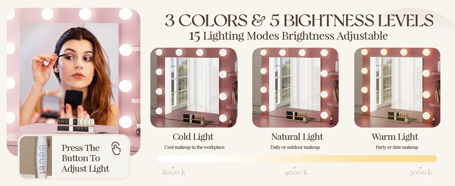 LIVELYGLOW Vanity Desk with Mirror and Lights, Makeup Vanity with Drawer & Storage Shelves, Cabinet, 3 Lighting Modes Adjustable Brightness,White - Image 44
