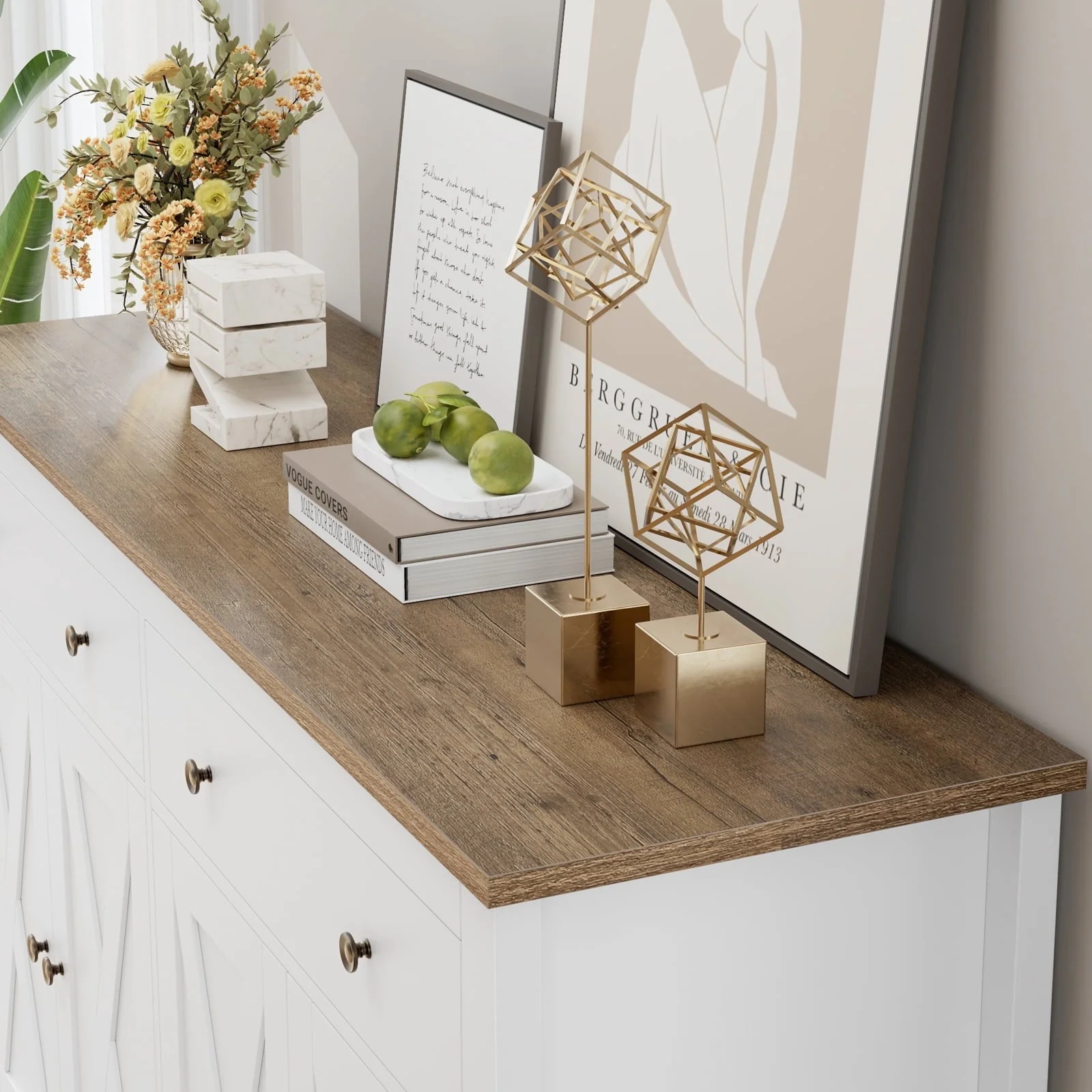 Homfa 4-Doors 2-Drawers Farmhouse Storage Cabinet, Wood Sideboard with Adjustable Shelves, White - Image 7