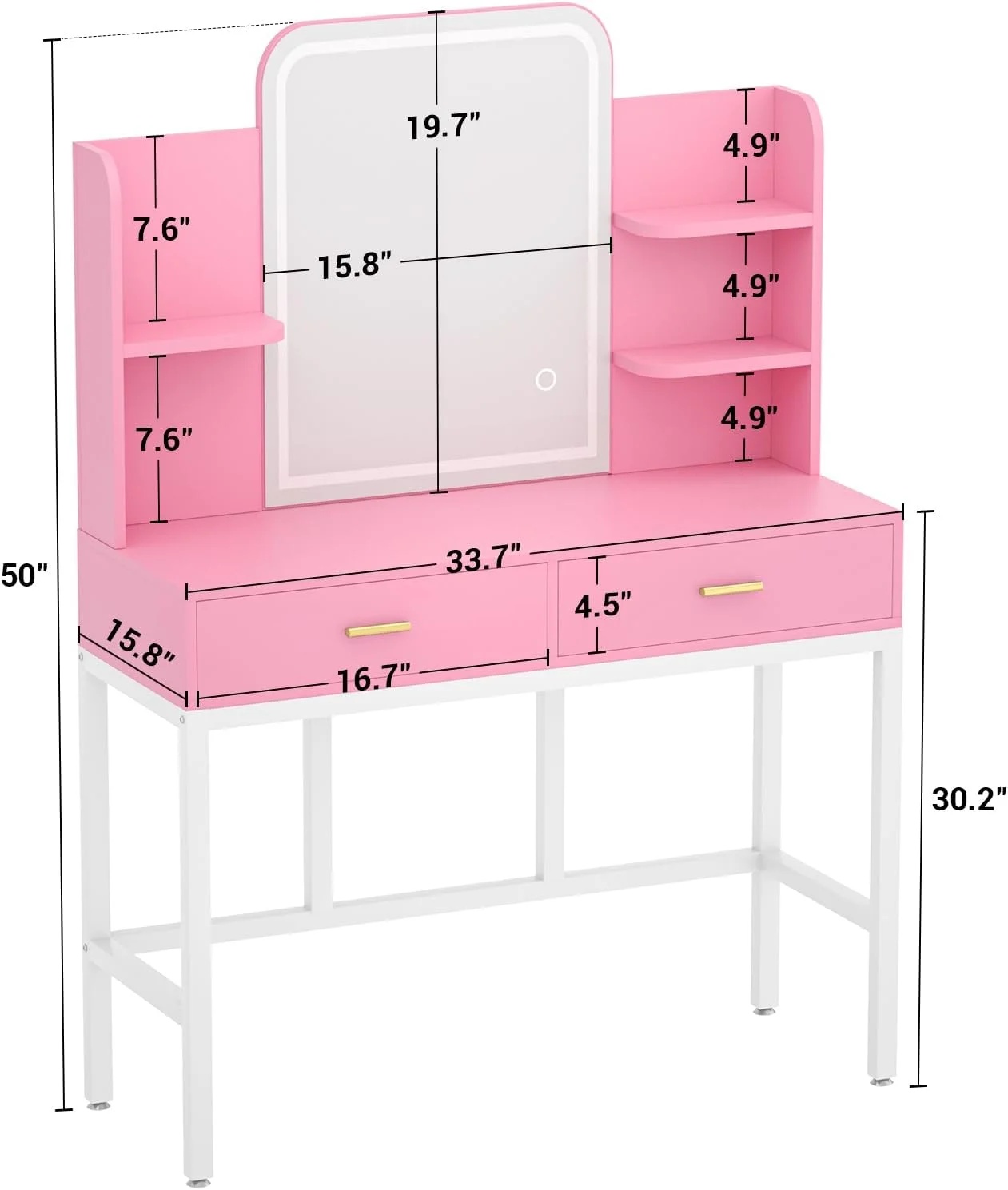 iSunirm Vanity Desk with Mirror and Lights, Makeup Vanity with 2 Drawers, Vanity Table Set with 3 Color Adjustable Lighting Options, Modern Dressing Table with Shelf, for Bedroom, Pink - Image 2